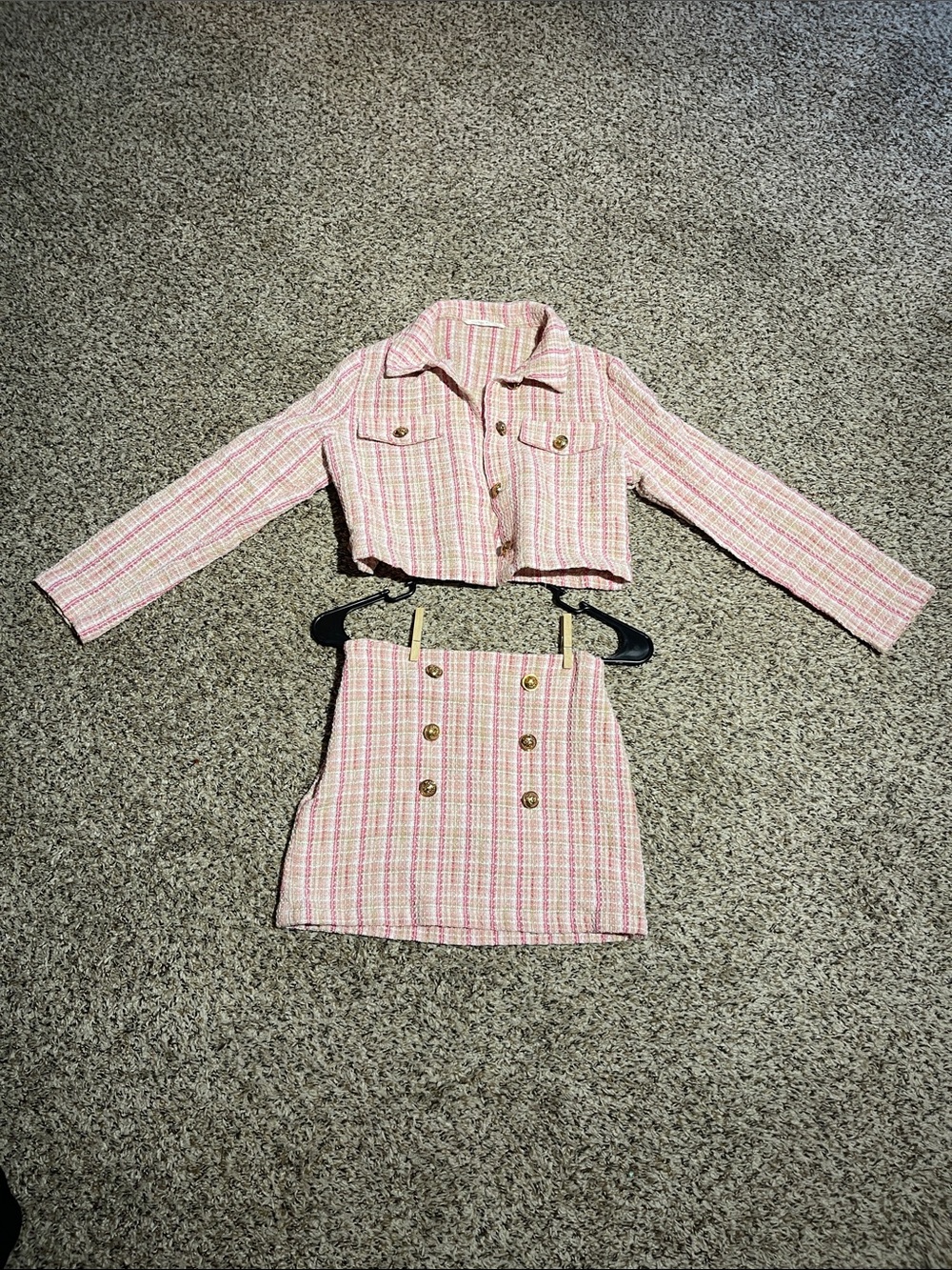 SHEIN Pink Tweed Cropped Jacket & Double-Breasted Skirt Set
